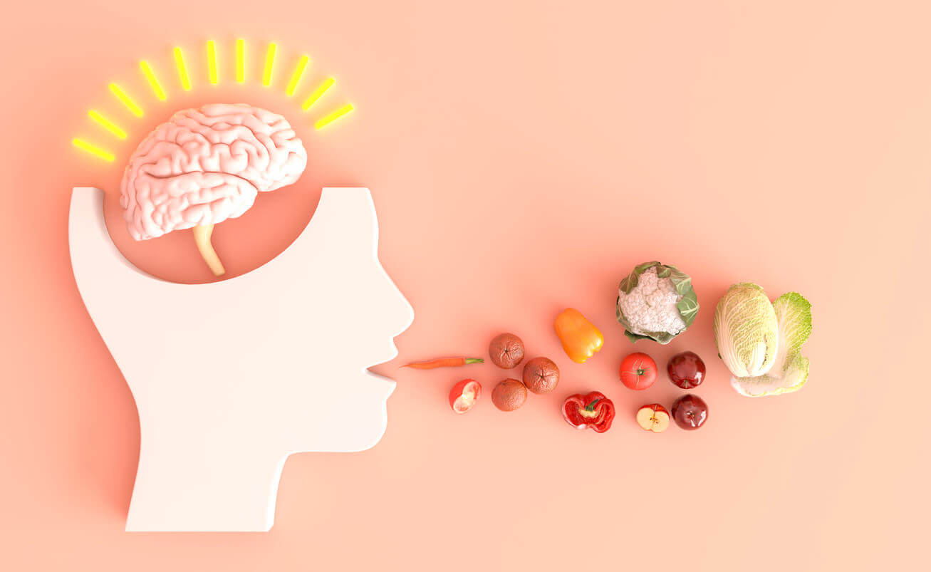 desenho representando neuronutrientes, alimentos para a saúde do cerebro.